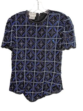Stenay -Vintage Beaded Black & Blue Geometric Evening Top S